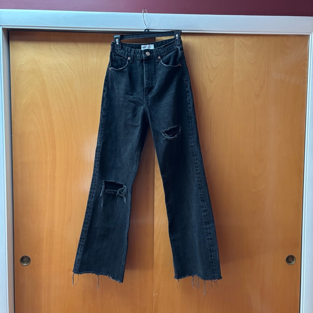 Zara Women's High Rise Black Distressed Wide Leg Jeans